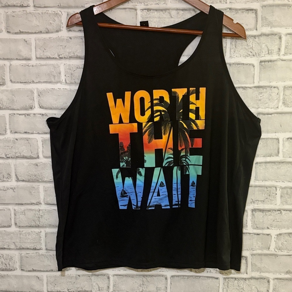 SHEIN Black Graphic Tank Top, beach, palm tree worth the wait size 2 XL
